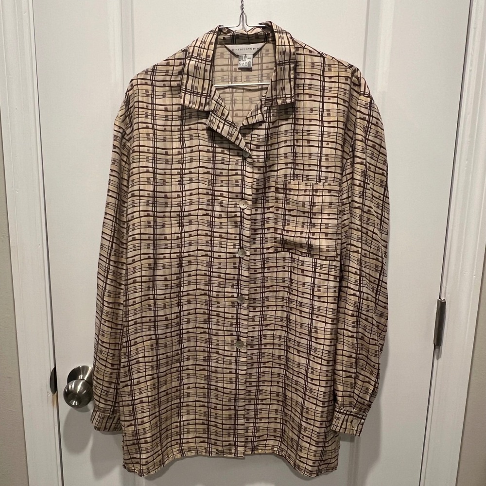 Melrose Studio Womens‎ Button Down Shirt 100% Silk Abstract Grid Tan Size S